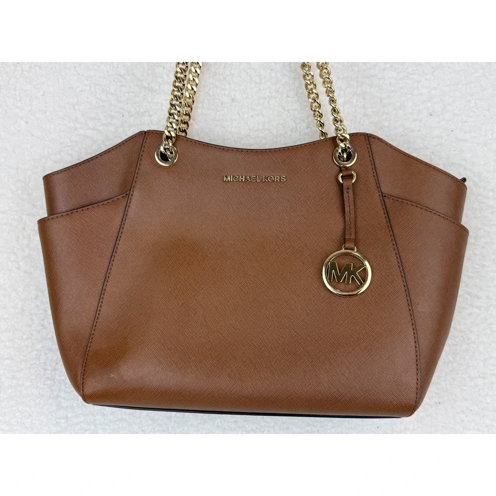 Michael Kors Jet Set East West Tote Brown Saffiano Leather Gold Chain Bag - Picture 2 of 12